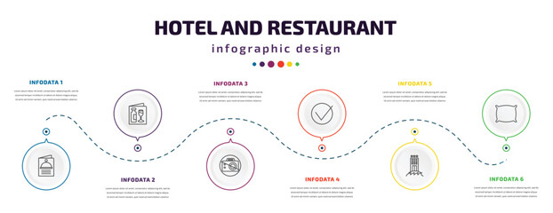 hotel and restaurant infographic element with icons and 6 step or option. hotel and restaurant icons such as menu, wine menu, no pictures, check in, beach hotel, pillow vector. can be used for