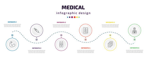 medical infographic element with icons and 6 step or option. medical icons such as biceps, injection, ampoule, medical book, records, x ray vector. can be used for banner, info graph, web,