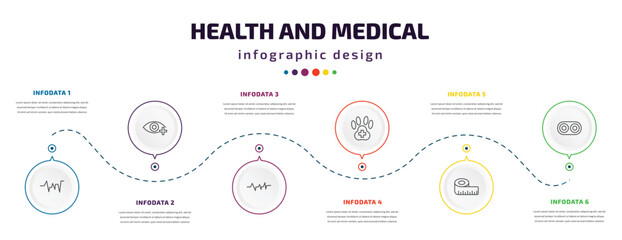 health and medical infographic element with icons and 6 step or option. health and medical icons such as beat, ophthalmology, pulse, veterinary, measure tape, optometrist vector. can be used for