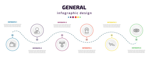 general infographic element with icons and 6 step or option. general icons such as card wallet, shoulder immobilizer, project team, mri scanner, deckchair, smart contract vector. can be used for