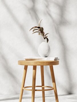 3d wooden chair with plant in vase and white books against white concrete wall. 3d rendering of realistic presentation for product advertising. 3d illustration.