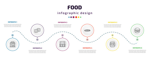 Fototapeta na wymiar food infographic element with icons and 6 step or option. food icons such as candy shop, maki, cafe bar, popiah, double burger, burguer vector. can be used for banner, info graph, web,