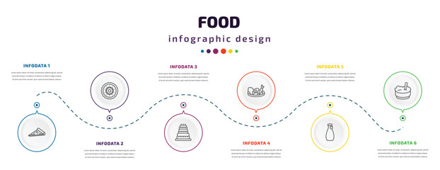 Fototapeta na wymiar food infographic element with icons and 6 step or option. food icons such as italian, moon cake, celebration cake, vegetarian food, sake, rice bowl vector. can be used for banner, info graph, web,