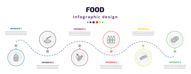 food infographic element with icons and 6 step or option. food icons such as muffin bake, black sesame soup, and grapes, recycling bottles, sushi and chopsticks, flower shaped biscuits vector. can