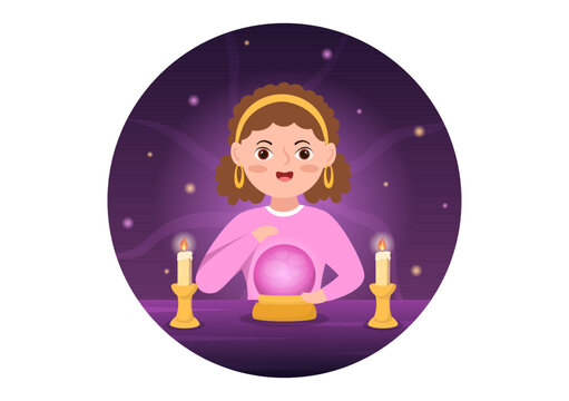 Fortune Teller Template Hand Drawn Cartoon Flat Illustration with Crystal Ball, Magic Book or Cards for Predicts Fate and Telling the Future Concept
