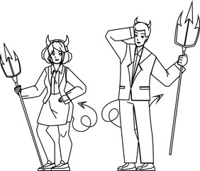 couple with umbrella line pencil drawing vector. evil person, bad man woman, demon horror, mystery hell couple with umbrella character. people Illustration