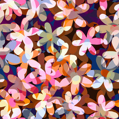 Abstract bright multicolor layered transparent flowers seamless pattern