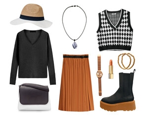 Black terracotta female fashion clothes set.Women's clothing. Winter outfit.Autumn style garment.