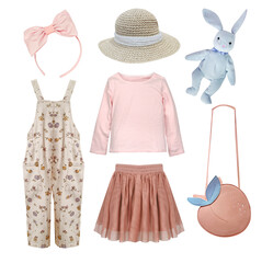 Pastel child's clothes set.Collection of beautiful clothing isolated on white.Toddler girl's...