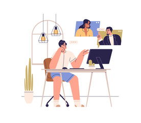 Online communication, remote teamwork concept. Business team talking via internet, discussing work project. People during video call at distance. Flat vector illustration isolated on white background