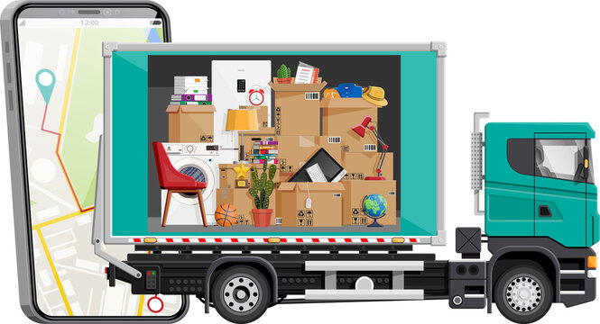Truck with household items, smartphone with map.