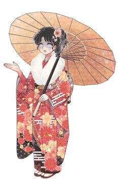 昭和の少女漫画風・泣きながら和傘を持つ少女の全身イラスト