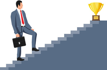 Fototapeta premium Businessman and gold trophy on ladder of success.