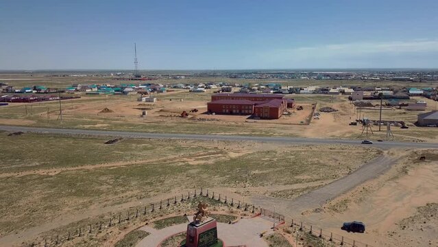 Monument To The Kazakh Hero Aidarbek Botyr And Panorama Of Aralsk, Aerial View