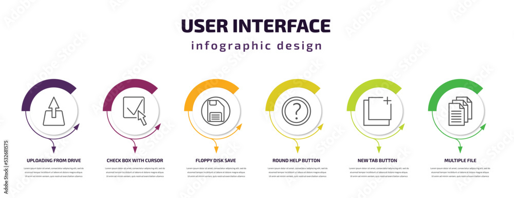 Poster user interface infographic template with icons and 6 step or option. user interface icons such as up
