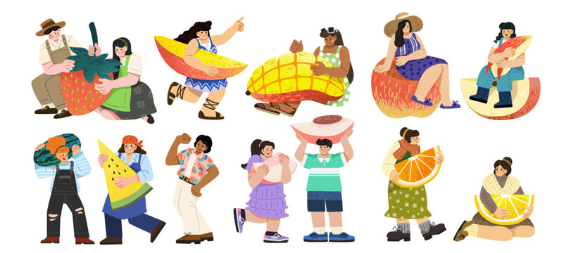 Set of character designs with fruit