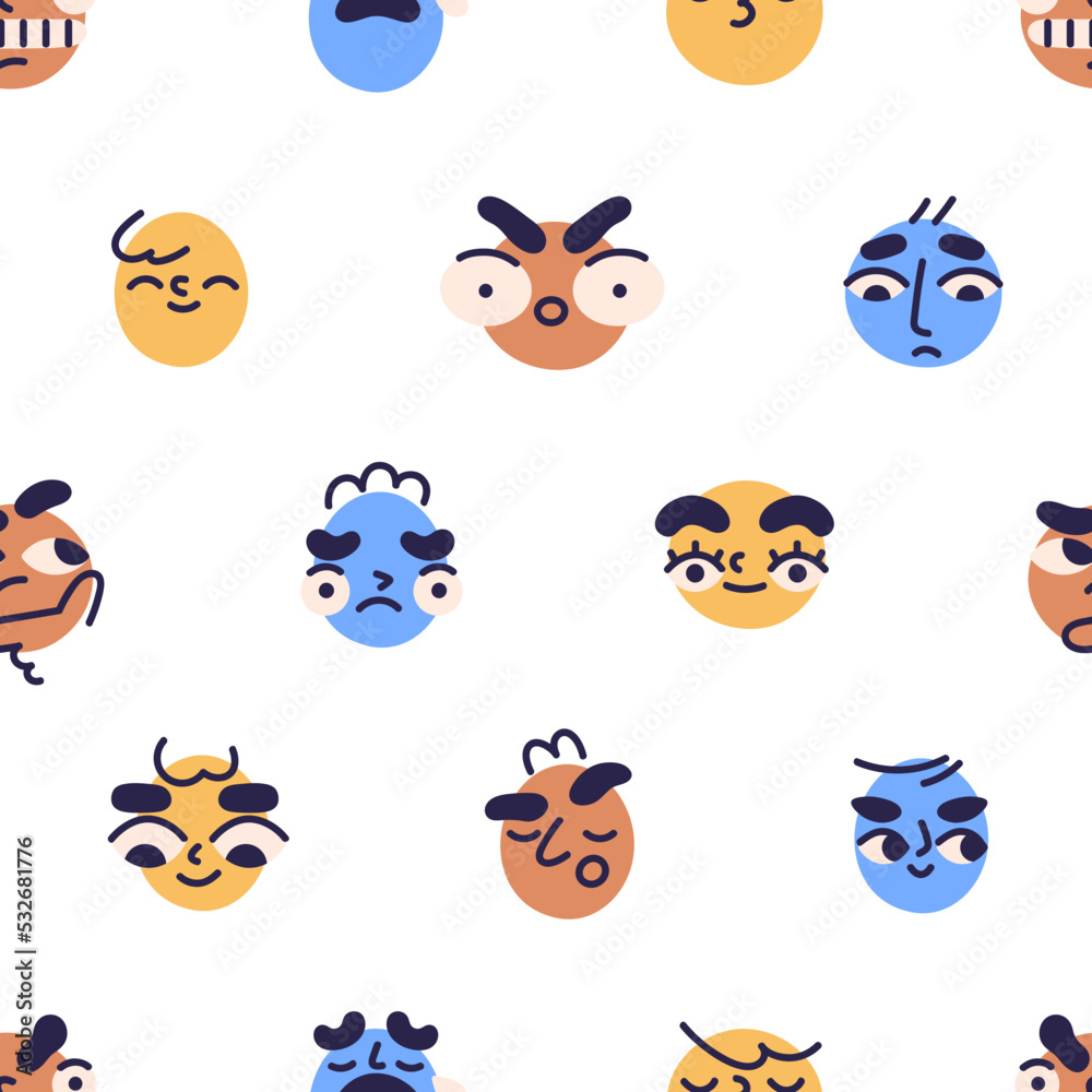 Poster Seamless pattern with fun face avatars. Background, texture design with emotions, facial expressions of abstract cute funny characters, emojis, repeating print. Colored flat vector illustration