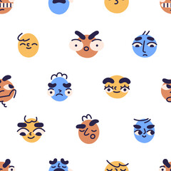 Seamless pattern with fun face avatars. Background, texture design with emotions, facial expressions of abstract cute funny characters, emojis, repeating print. Colored flat vector illustration
