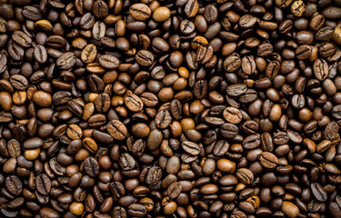 BacgSelected calibrated Arabica coffee beans on a surface, table, blended, middle roasted, top view