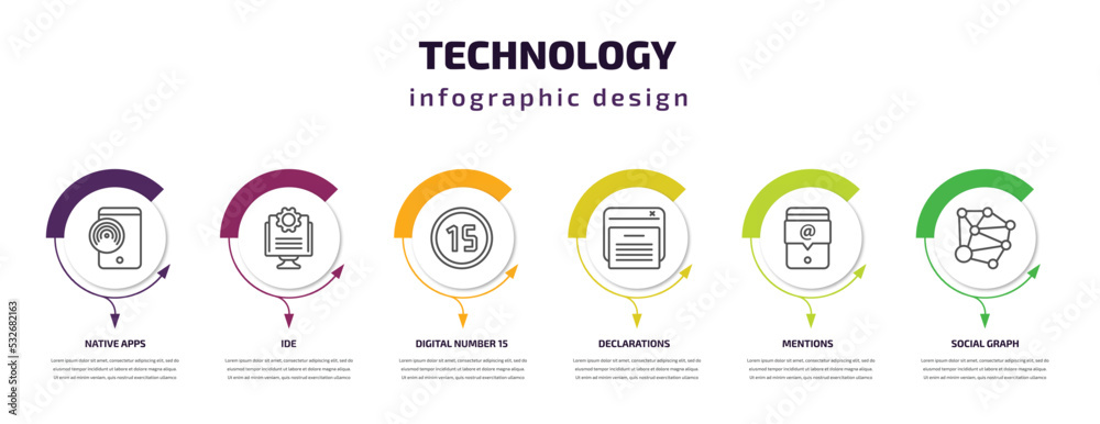 Wall mural technology infographic template with icons and 6 step or option. technology icons such as native app