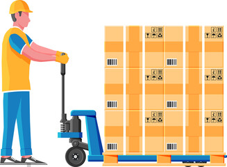 Hand pallet truck with cardboard boxes isolated