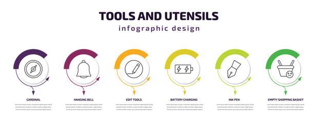 tools and utensils infographic template with icons and 6 step or option. tools and utensils icons such as cardinal, hanging bell, edit tools, battery charging, ink pen, empty shopping basket vector.