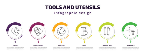 tools and utensils infographic template with icons and 6 step or option. tools and utensils icons such as ringing, rubber bands, highlight, bold, writing tool, windmills vector. can be used for