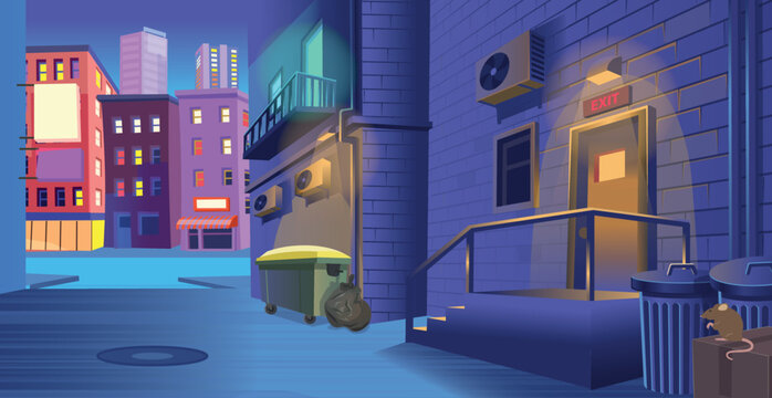 Dark Back Street Alley With A Door To A Bar, A Trash Can, A Car With An Open Trunk At Night In Cartoon Style. Background For Games And Mobile Applications.