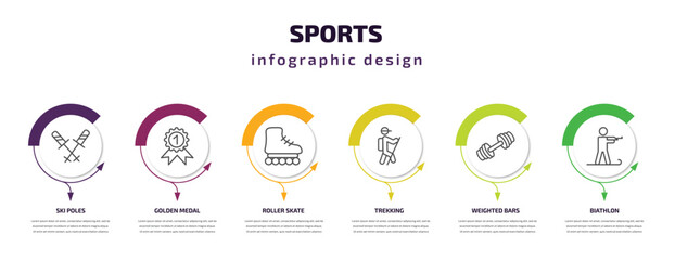 sports infographic template with icons and 6 step or option. sports icons such as ski poles, golden medal, roller skate, trekking, weighted bars, biathlon vector. can be used for banner, info graph,