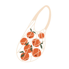Mesh net bag with orange fruits. Eco-friendly string shopping tote, shopper with fresh vitamin food, healthy tropical tangerines. Flat vector illustration isolated on white background