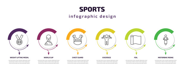sports infographic template with icons and 6 step or option. sports icons such as weight lifting medal, world cup, chest guard, excersice, foil, motorbike riding vector. can be used for banner, info