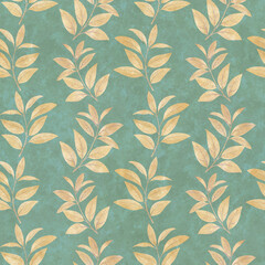 Seamless botanical pattern, leaves on a branch painted in watercolor. Abstract background with leaves for design.
