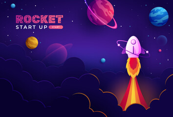 Rocket launch in the sky flying over clouds. Space ship in smoke clouds. Business concept. Start up template. Horizontal background. Simple modern cartoon design. Vector illustration.