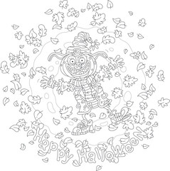 Happy Halloween card of a funny scarecrow with a pumpkin had walking among flying autumn leaves on a dark holiday night, black and white outline vector cartoon illustration