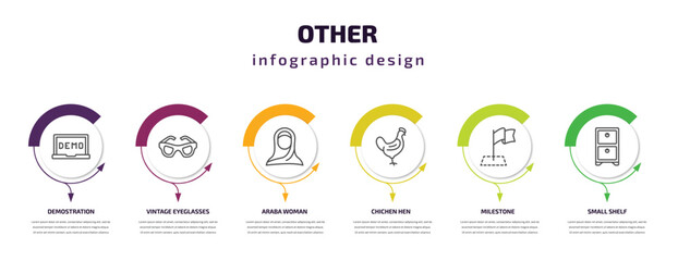 other infographic template with icons and 6 step or option. other icons such as demostration, vintage eyeglasses, araba woman, chichen hen, milestone, small shelf vector. can be used for banner,