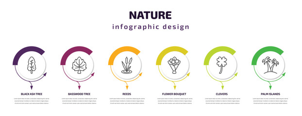 nature infographic template with icons and 6 step or option. nature icons such as black ash tree, basswood tree, reeds, flower bouquet, clovers, palm islands vector. can be used for banner, info