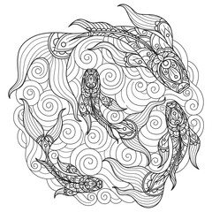 Fish and wave hand drawn for adult coloring book