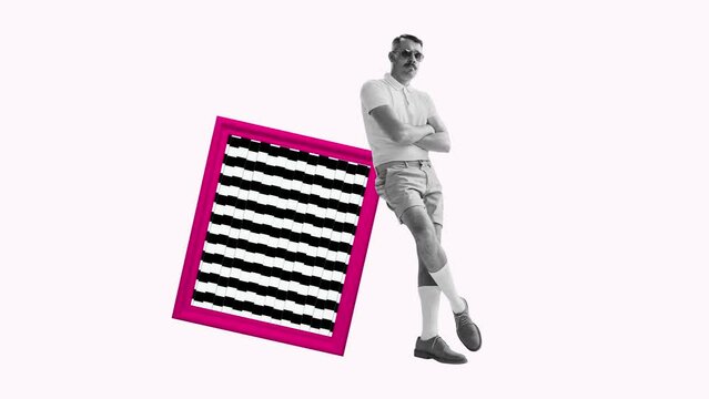 Stylish guy standing near huge foursquare with pattern of optical illusion pattern isolated on light background. Contemporary art collage.