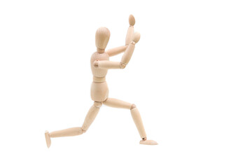Wooden dummy man running away on isolated white background