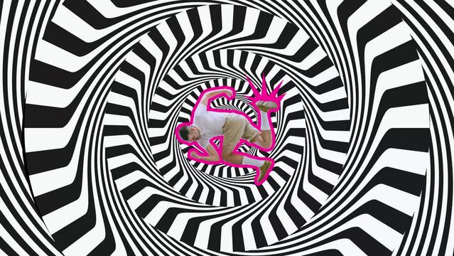 Contemporary art collage. Young excited man running isolated over black and white optical illusion design background. Concept of imagination, inspiration, surrealism