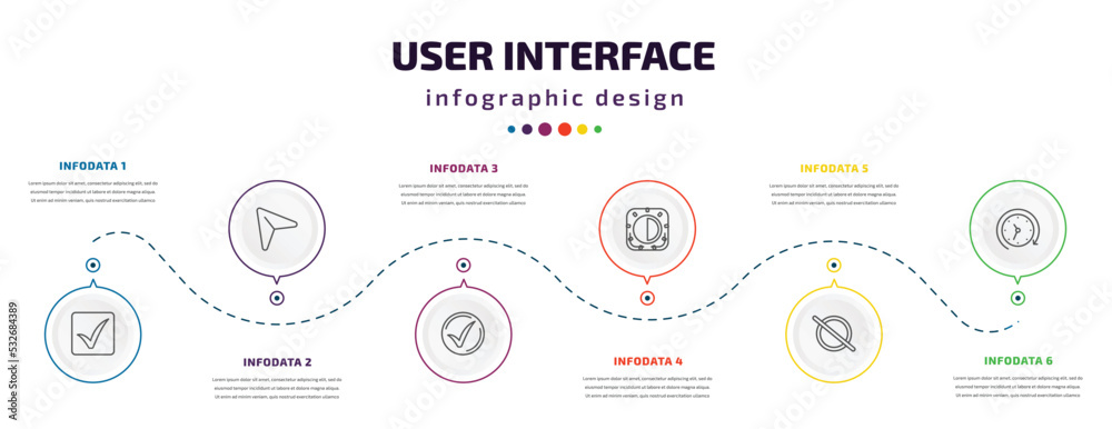 Poster user interface infographic element with icons and 6 step or option. user interface icons such as che