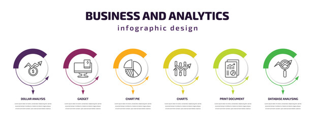 business and analytics infographic template with icons and 6 step or option. business and analytics icons such as dollar analysis bars, gadget, chart pie, charts, print document, database analysing