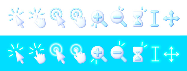 Pointer click icons 3D vector. Set of clicking cursor 3D, pointing hand clicks. Mouse click cursor collection. Vector illustration