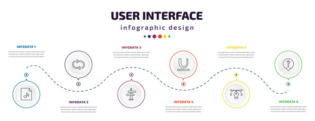 user interface infographic element with icons and 6 step or option. user interface icons such as music file, update arrows, , underline, anchor point, answer vector. can be used for banner, info