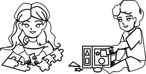 jigsaw kid line pencil drawing vector. puzzle child, table family play, children game jigsaw kid character. people Illustration