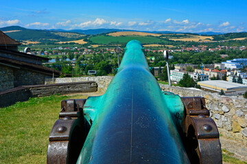 lufa armaty na tle krajobrazu i miasta, gun cannon against the background of the landscape the city, a war souvenir