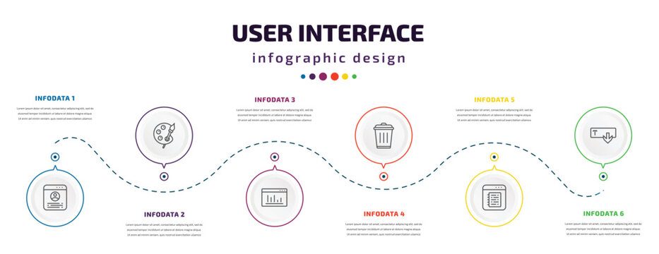 user interface infographic element with icons and 6 step or option. user interface icons such as accounts, painter palette, window graphic, trash bin, note blog, text out vector. can be used for