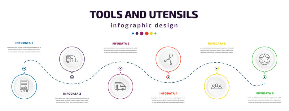 tools and utensils infographic element with icons and 6 step or option. tools and utensils icons such as daily specials board, house on wheels, firetruck, forceps, squad, highlight vector. can be