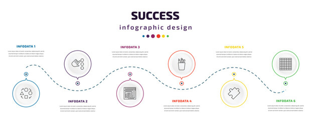 Fototapeta na wymiar success infographic element with icons and 6 step or option. success icons such as adaptation, choose, strategy in a labyrinth, stationery, puzzle, chess board vector. can be used for banner, info