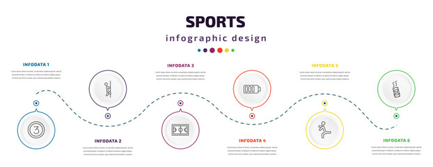sports infographic element with icons and 6 step or option. sports icons such as third, climber, football pitch, batter, dancer motion, drift car vector. can be used for banner, info graph, web,